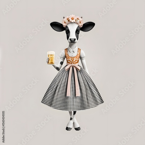 Black and white cow in festive Bavarian dress holding beer mug, standing with floral crown, full body character design