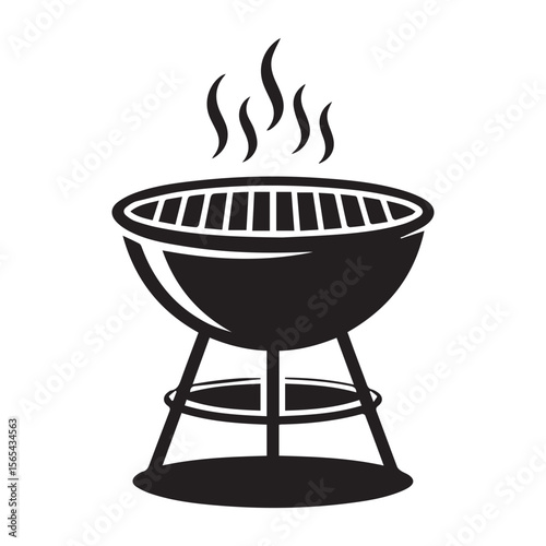 Simple black silhouette of a barbecue grill with smoke rising from the cooking grate on a white background