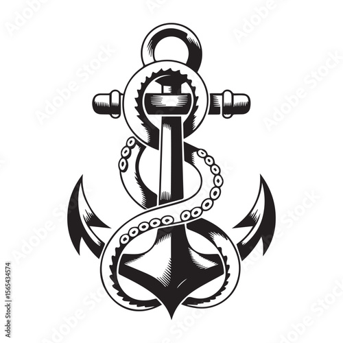 A striking black and white illustration of a nautical anchor entwined with a stylized octopus tentacle featuring suction cups