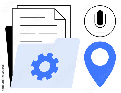 Stack of papers, settings gear on folder, microphone icon, and location pin. Ideal for data organization, workflow optimization, digital tools, productivity, accessibility collaboration simple
