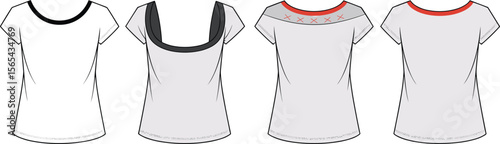 Women’s scoop neck t-shirts with contrast binding and back details – flat fashion vector sketch, front and back views.