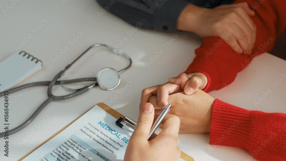 Couple attend fertility or medical consultation with gynecologist at hospital as family planning care for pregnancy while husband consoling young wife through appointment. Slow motion. Rigid.