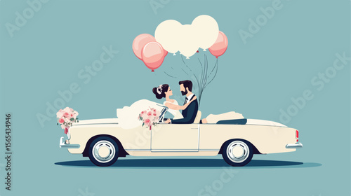 Bride and Groom in Convertible Car with Balloon