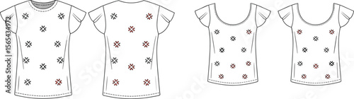 Matching floral print t-shirts for women and girls – vector flat fashion sketch with flutter sleeves, front and back views included.