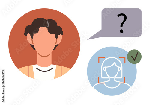 Identifiable portrait next to face scan and question mark in speech bubble. Ideal for technology, identity verification, biometrics, privacy, security, user interactions, recognition. Simple flat