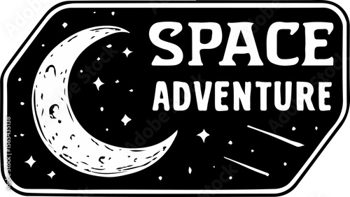 Crescent moon with stars in a minimal badge design symbolizing cosmic discovery and night journeys