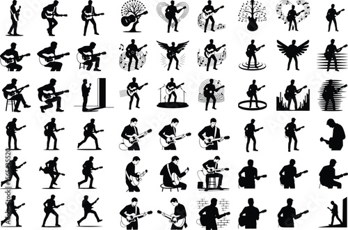 Guitarist Pose Silhouettes – Stylish Man with Guitar Icon Set Man Playing Guitar Silhouette Set – Iconic Musician Vector Pack