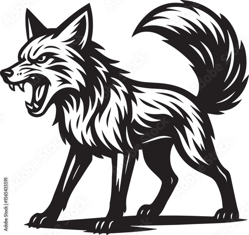 Aggressive Fox Illustration Black and White Vector Art