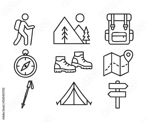 Black line art hiking icons depicting backpacker mountains sun backpack compass boots map tent signpost and trekking pole