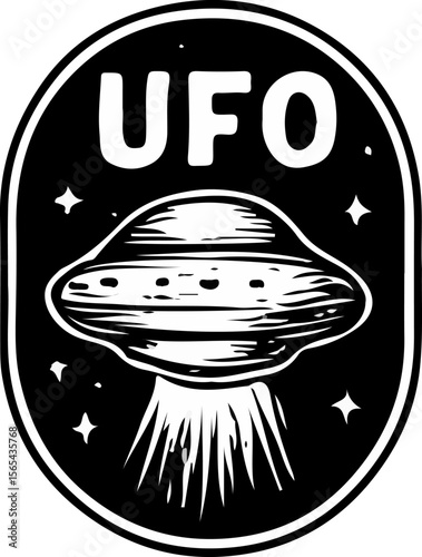 A flying saucer above a stylized planet—classic sci-fi reference and curiosity evoker