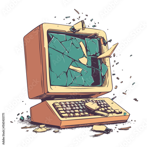Colorful Cartoon Vector of a Broken Computer Being Fixed by a Hand