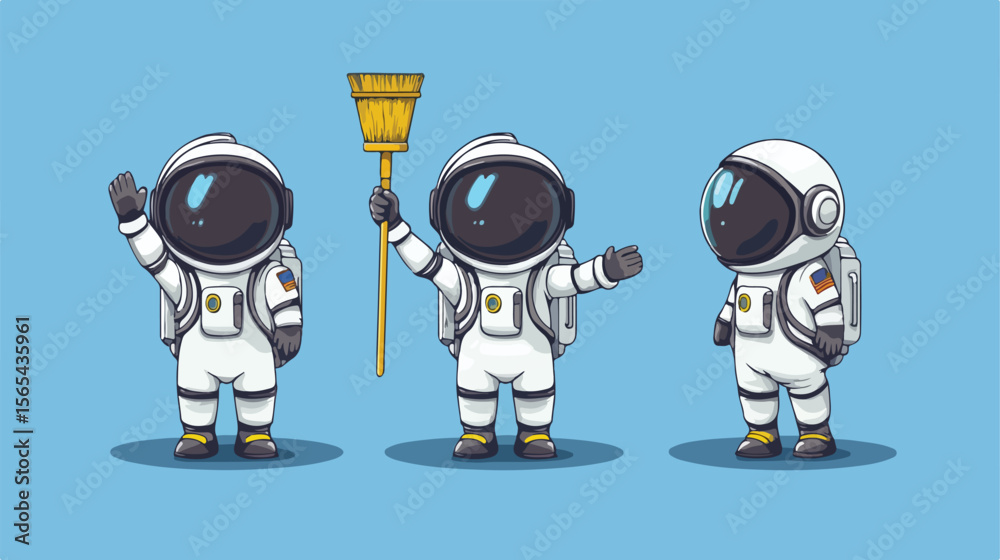 Naklejka premium Friendly Astronaut Cartoon Mascot Waving with Broom Character