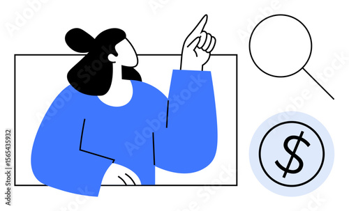 Woman in blue pointing upward, magnifying glass, dollar sign. Ideal for business strategy, finance, idea generation, focus, analysis decision-making problem-solving. Simple flat metaphor