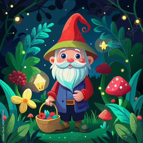 santa claus with a christmas tree Whimsical Garden Gnome with Mushrooms in Enchanted Forest – Vibrant Digital Art with Magical Lighting