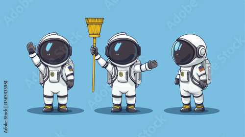 Friendly Astronaut Cartoon Mascot Waving with Broom Character