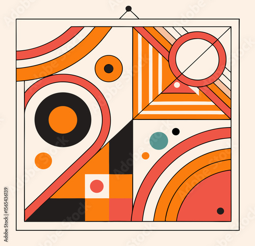 Modern Geometric Composition: A visually captivating abstract artwork composed of geometric shapes, lines, and curves in a harmonious color palette, evoking a sense of balance and artistic flair.