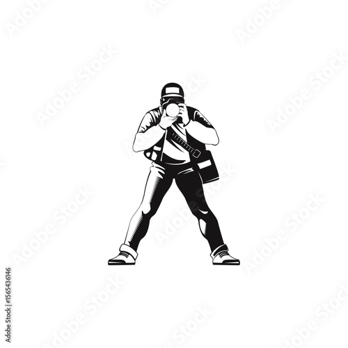 Engraved Photographer taking a photo icon logo flat vector design