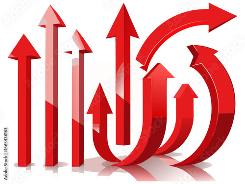 Arrows of Progress: Dynamic red arrows ascend and curve, illustrating growth, direction, and momentum, symbolizing progress and future advancement.