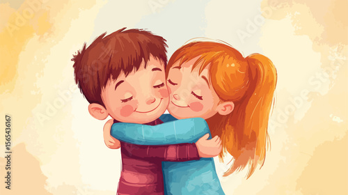 Sweet Brother and Sister Hugging Flat Vector Illustration