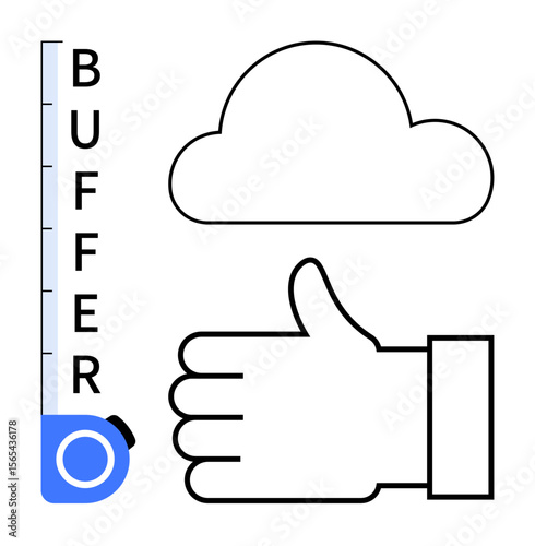 Measuring gauge with buffer scale, cloud icon, and a thumbs-up sign symbolizing feedback, approval, and evaluation. Ideal for performance, metrics, analysis, reviews technology data use simple