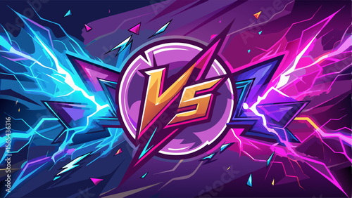 Dynamic versus logo with electric lightning and geometric shapes in neon colors