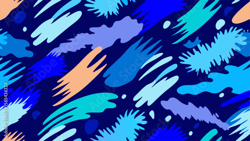 Abstract organic shapes and brush strokes in cool blue and peach tones on dark navy