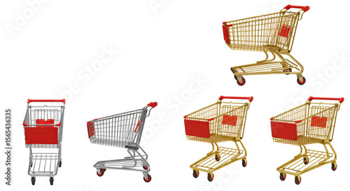 Six empty shopping carts: three silver chrome and three golden metal, all with vibrant red handles and wheels, showcasing intricate wire baskets and sturdy frames from unique angles, isolated on a