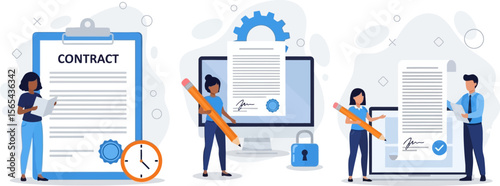 Contract agreement online digital signature document signing process vector