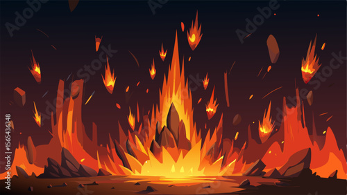 Fiery inferno with jagged rocks and flying embers against a dark background