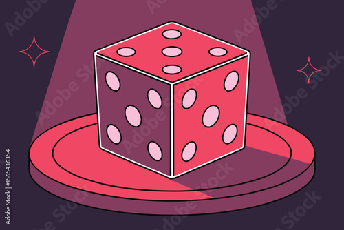 Glowing Red Dice on 3D Podium Neon Light Background Illustration