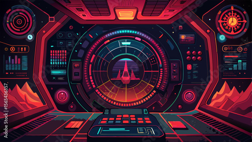 Futuristic spaceship cockpit interior with advanced holographic displays and control panel