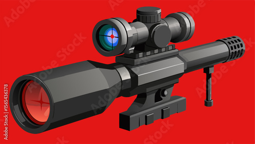 Modern rifle scope with illuminated reticle and bipod on a vibrant red background