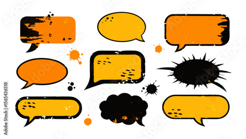 Communication Bubbles Set: A collection of speech bubbles, each uniquely designed with grunge and rough edges. Perfect for adding character to your design.