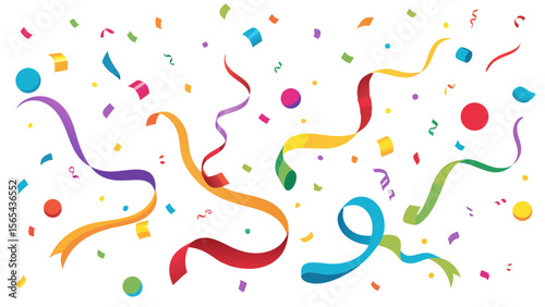 Festive colorful ribbons and confetti scattered across a clean white background