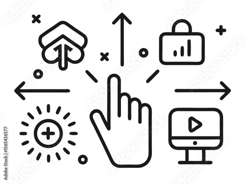 Hand cursor pointing to icons representing different actions and choices on a white background