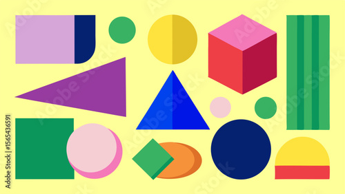 A vibrant collection of geometric shapes in various colors arranged on a light yellow background