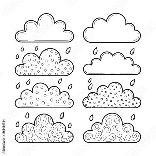 Collection of six stylized black and white outline clouds with different decorative patterns and falling raindrops on a white background