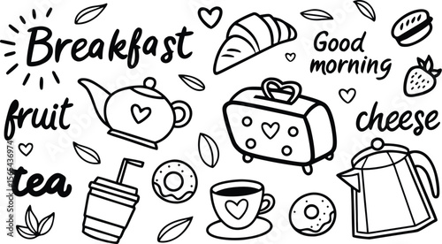 vector breakfast and morning icon set,

Fast food sketch for fastfood restaurant or bistro. Vector cheeseburger burger or hotdog sandwich snack, french fries or pizza and coffee or soda drink, taco 