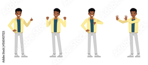Man wearing cream jacket character vector illustration design set. Working and presentation in various action.