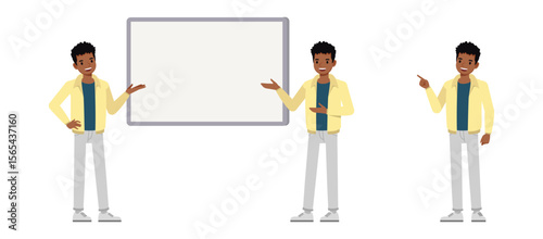 Man wearing cream jacket character vector illustration design set. Working and presentation in various action.