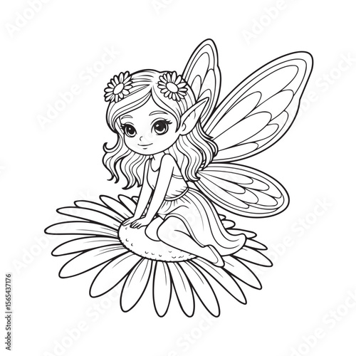 Cute cartoon black and white line drawing of a whimsical fairy with flower crown sitting on a daisy petal