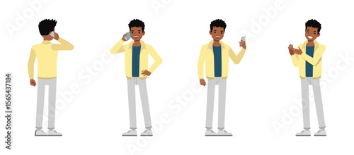 Man wearing cream jacket character vector illustration design set. Working and presentation in various action.