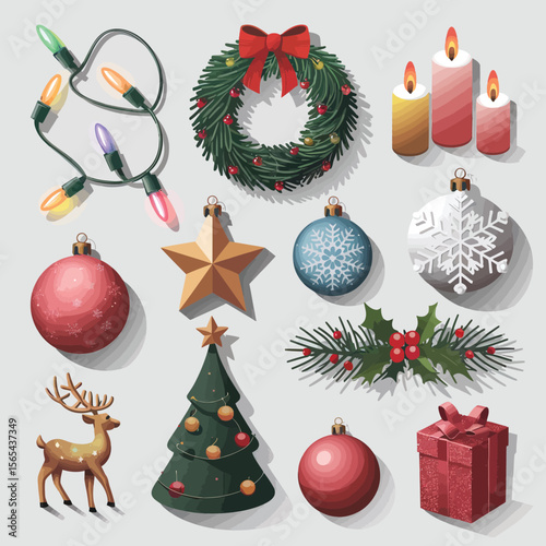 vector Happy New Year Celebrating 2025 in Latin letters , Christmas Decoration Items Santa Claus