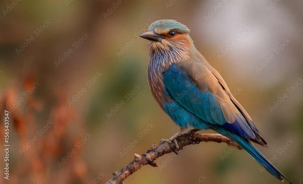 Obraz premium An Indian roller perched in Bandhavgarah National Park, India. The bird was formerly locally called the Blue Jay. It is a member of the roller family of birds.
