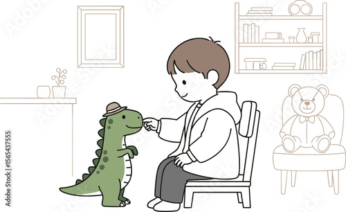 Child Playing with Dinosaur Toy Imaginative Play and Comfort in a Cozy Room Illustration