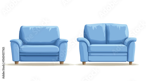 Modern Blue Couch and Chair in Room Flat Vector Illustration