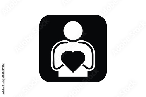 Compassionate minimalist icon:  a stylized person gently cradling a heart, conveying empathy, care, and volunteerism; perfect for non-profit websites, charity campaigns, and social responsibility init