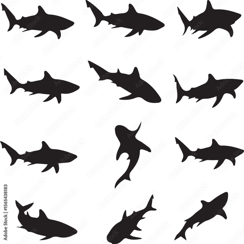 Fototapeta premium A set of different types of black BullShark Wild Animals silhouette icons on a white background. Each has a unique position. The icons are illustrations