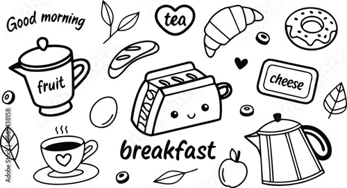 vector breakfast and morning icon set,

Fast food sketch for fastfood restaurant or bistro. Vector cheeseburger burger or hotdog sandwich snack, french fries or pizza and coffee or soda drink, taco 