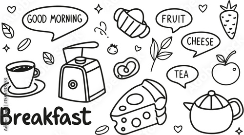 vector breakfast and morning icon set,

Fast food sketch for fastfood restaurant or bistro. Vector cheeseburger burger or hotdog sandwich snack, french fries or pizza and coffee or soda drink, taco 